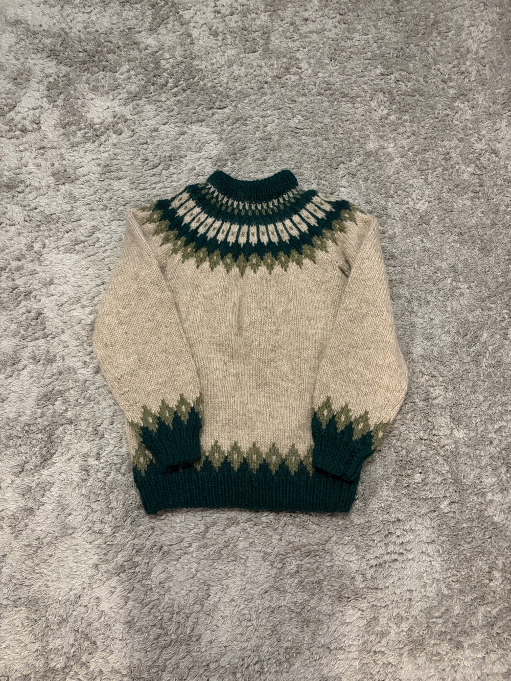 Vintage Style Handmade Nordic Fair Isle Sweater Cream Green Chunky Knit medium